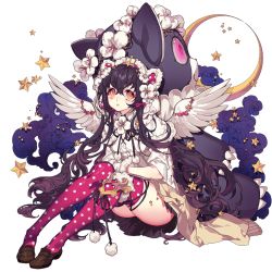 Rule 34 | 1girl, angel wings, back-to-back, black hair, black skirt, blush, bow, brown footwear, clothes around waist, crescent, crown, curly hair, flower, full body, fur trim, gloves, hair between eyes, hair bow, hair flower, hair ornament, knees up, legs together, loafers, long hair, long sleeves, looking at viewer, miniskirt, oversized object, parted lips, patterned legwear, pika (kai9464), pink bow, pink thighhighs, pleated skirt, polka dot, polka dot legwear, pom pom (clothes), red bow, shirt, shoes, sitting, skirt, smoke, solo, star (symbol), stuffed animal, stuffed cat, stuffed toy, sweater, sweater around waist, tareme, thighhighs, thighs, tiara, transparent background, uchi no hime-sama ga ichiban kawaii, very long hair, white background, white gloves, white shirt, wings, yellow eyes, yumemi (uchi no hime-sama)