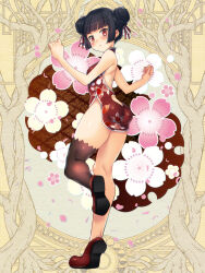 Rule 34 | 1girl, ass, ass cutout, black hair, blush, breasts, brown thighhighs, china dress, chinese clothes, clothing cutout, dairoku ryouhei, double bun, dress, flower, full body, hair bun, halo sierra, impossible clothes, looking at viewer, looking back, red eyes, shoes, short hair, single thighhigh, small breasts, solo, standing, standing on one leg, tajima yoshikazu, thighhighs, triangle mouth, twisted torso, yellow background