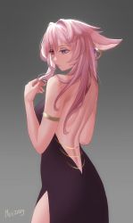 Rule 34 | 1girl, animal ears, armlet, backless dress, backless outfit, closed mouth, dress, earrings, ears down, from behind, genshin impact, glint, grey background, twirling hair, highres, jewelry, long hair, pink hair, purple eyes, roxxxan, side slit, signature, simple background, solo, standing, yae miko