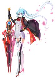 Rule 34 | alternate costume, alternate hairstyle, black coat, blue eyes, blue hair, boots, breasts, closers, coat, garter straps, greatsword, hand on own hip, high heel boots, high heels, holding, holding sword, holding weapon, huge weapon, light blue hair, long hair, low twintails, medium breasts, official art, open clothes, open coat, petals, rose petals, simple background, solo, sword, thigh boots, thighhighs, twintails, very long hair, violet (closers), weapon, white background