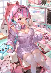 Rule 34 | 1girl, absurdres, anchor symbol, animal ears, animal hands, animal print, apex legends, aqua nails, armrest, blue hair, book, bottomless, breasts, cable, can, cat ears, cat hair ornament, cat paws, cat print, chair, commentary request, computer, controller, desk, desktop, energy drink, figure, game controller, gamepad, gaming chair, hair ornament, headphones, headphones around neck, heart, heart print, highres, holding, holding controller, hololive, huge filesize, keyboard (computer), kirito, large breasts, long hair, looking at viewer, minato aqua, monitor, mozilla firefox, multicolored hair, nail polish, neko (minato aqua), nintendo switch, nintendo switch pro controller, purple eyes, purple hair, purple sweater, red bull, rin31153336, sitting, skindentation, solo, squid, streaked hair, sweater, swivel chair, sword art online, table, thighhighs, thighs, two-tone hair, virtual youtuber, white thighhighs, window, youtube, yuuki (sao), zettai ryouiki