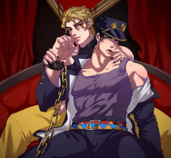 Rule 34 | 2boys, black hair, black nails, blonde hair, blood drip, blue eyes, chain, couch, cuffs, dio brando, earrings, hand on another&#039;s face, handcuffs, hat, highres, jewelry, jojo no kimyou na bouken, kuujou joutarou, large pectorals, less end, long coat, male focus, multiple boys, muscular, muscular male, nail polish, off shoulder, pants, pectorals, purple shirt, red eyes, shirt, stardust crusaders, yaoi, yellow pants