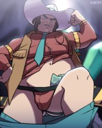 Rule 34 | 1boy, absurdres, alolan boy, artist name, ass, bad id, bad twitter id, blurry, brown hair, brown vest, bulge, buttons, clay (pokemon), clenched hands, clothes pull, commentary, cowboy hat, creatures (company), flexing, from below, game freak, green necktie, gym leader, hand on own hip, hand up, hat, highres, knees, looking at viewer, male focus, money, navel, necktie, nintendo, open clothes, open vest, pants, pants pull, parted lips, pokemon, pokemon bw, shirt, solo, vest, watermark, white hat