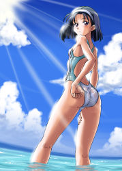 Rule 34 | 1girl, adjusting clothes, adjusting swimsuit, ass, bad anatomy, black hair, brown eyes, competition swimsuit, fat mons, hairband, highres, kneepits, legs, light rays, masamurai, one-piece swimsuit, original, see-through, short hair, solo, sunbeam, sunlight, swimsuit, wading, water, wet