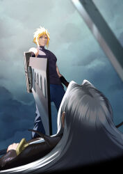 Rule 34 | 2boys, bare shoulders, black gloves, black jacket, blonde hair, blue eyes, blue pants, blue shirt, blurry, blurry foreground, cloud, cloud strife, cloudy sky, eilinna, final fantasy, final fantasy vii, final fantasy vii remake, from below, fusion swords, gloves, grey hair, hair between eyes, holding, holding sword, holding weapon, jacket, long hair, lying, male focus, masamune (ff7), multiple boys, on back, outdoors, pants, parted bangs, planted, planted sword, planted weapon, sephiroth, shirt, short hair, sky, sleeveless, sleeveless turtleneck, spiked hair, sword, turtleneck, weapon