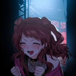 Rule 34 | 1girl, ^ ^, absurdres, animal ears, backstage, blush, brown hair, clenched hands, closed eyes, collarbone, fighting my way (idolmaster), gakuen idolmaster, hanami saki, highres, idol clothes, idolmaster, jacket, long hair, pink jacket, see-through, single bare shoulder, smile, solo, sowb, stage lights, sweat, two side up, upper body