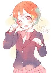 Rule 34 | 10s, 1girl, ;d, alternate eye color, blazer, blue theme, bow, female focus, happy birthday, hoshizora rin, jacket, looking at viewer, love live!, love live! school idol project, md5 mismatch, meito (maze), one eye closed, open mouth, orange hair, paw pose, pink eyes, school uniform, short hair, skirt, smile, solo