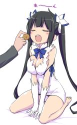 Rule 34 | 10s, 1boy, 1girl, :o, bell cranel, black hair, blue eyes, blue ribbon, blush, breasts squeezed together, breasts, cleavage, cleavage cutout, clothing cutout, commentary request, dress, dungeon ni deai wo motomeru no wa machigatteiru darou ka, closed eyes, feeding, full body, gloves, hair ornament, hestia (danmachi), kannazuki genshi, large breasts, long hair, open mouth, rei no himo, ribbon, seiza, short dress, sitting, sleeveless, sleeveless dress, solo focus, twintails, v arms, very long hair, white dress, white gloves