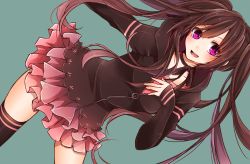 Rule 34 | 1girl, black thighhighs, blush, brown hair, dress, dutch angle, female focus, frilled dress, frills, green background, highres, hood, hoodie, long hair, long sleeves, looking at viewer, nanase eka, open mouth, original, purple eyes, smile, solo, standing, thighhighs, twintails, unzipped, very long hair, zipper