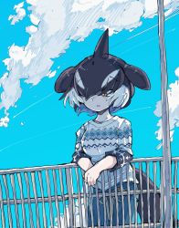 Rule 34 | 1girl, absurdres, alternate costume, arm rest, black hair, blowhole, blue hair, casual, cetacean tail, cloud, commentary request, contemporary, day, dorsal fin, fins, fish tail, floating hair, hair over one eye, head fins, highres, kanmoku-san, kemono friends, long sleeves, looking down, multicolored hair, orca (kemono friends), outdoors, pants, parted bangs, parted lips, railing, sky, solo, sweater, tail, white hair, wind, yellow eyes