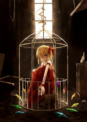 Rule 34 | 1girl, birdcage, blonde hair, bow, box, cage, chain, chained, chain, cuffs, darkness, female focus, flandre scarlet, hair bow, hair over one eye, mashayuki, off shoulder, red eyes, shackles, shirt, side ponytail, sitting, sitting on object, skirt, skirt set, sleeveless, sleeveless shirt, solo, strap slip, touhou, window, wings