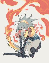 Rule 34 | 1girl, black footwear, black gloves, boots, commentary, english commentary, facial mark, fire, full body, gauntlets, gloves, grey hair, hairband, highres, holding, holding knife, knee boots, knife, long hair, looking at viewer, orange shirt, original, pepperacae, procreate (medium), shirt, short shorts, shorts, solo, yellow hairband