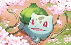 Rule 34 | bright pupils, bulbasaur, cherry blossoms, commentary request, creatures (company), day, game freak, gen 1 pokemon, grass, nintendo, no humans, open mouth, outdoors, petals, plant, pokemon, pokemon (creature), red eyes, smile, solo, urata asao, vines, walking, white pupils