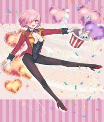 Rule 34 | 1girl, 1other, absurdres, alternate costume, balloon, black leotard, black pantyhose, blush, breasts, buttons, carousel, cleavage, commentary request, confetti, creature, detached collar, epaulettes, fate/grand order, fate/grand order arcade, fate (series), fou (fate), full body, gloves, hair over one eye, harukappa, hat, heart balloon, high heels, highres, holding, holding clothes, holding hat, jacket, leotard, leotard under clothes, long sleeves, looking at viewer, mash kyrielight, mash kyrielight (welcome to the travelling circus!), medium breasts, neck ribbon, official alternate costume, one eye covered, open clothes, open jacket, open mouth, pantyhose, pink hair, purple eyes, red footwear, red jacket, red ribbon, ribbon, short hair, smile, sunglasses, teeth, tongue, top hat, unworn hat, unworn headwear, upper teeth only, white gloves