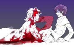 Rule 34 | 2boys, alternate hair color, belt, black belt, bleeding from forehead, blood, blood on clothes, blood on face, capelet, clenched teeth, colored skin, commentary request, constricted pupils, gold trim, jabuchi you, kanou aogu, lab coat, long sleeves, male focus, multiple boys, open mouth, pants, purple hair, red pants, saibou shinkyoku, shirt, short hair, signature, smile, teeth, tokusa riko, white capelet, white hair, white shirt, white skin