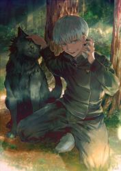 Rule 34 | 1boy, absurdres, animal, black jacket, black pants, cellphone, dog, facial tattoo, forest, full body, gakuran, hair between eyes, highres, holding, holding phone, inumaki toge, jacket, jujutsu kaisen, kyuuba melo, long sleeves, looking away, male focus, nature, on one knee, open mouth, outdoors, pants, petting, phone, purple eyes, school uniform, shoes, short hair, silver hair, solo, tattoo, tree, white footwear