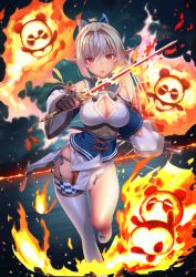 Rule 34 | animal costume, animal ears, bare shoulders, blonde hair, breasts, burning, checkered clothes, checkered legwear, cleavage, dark-skinned female, dark skin, elf, fire, hair between eyes, hair ornament, highres, holding, holding sword, holding weapon, hololive, kintsuba (shiranui flare), knees, lips, loincloth, long hair, looking at viewer, medium breasts, open mouth, panda costume, panda ears, pointy ears, ponytail, red eyes, saruchitan, shiranui flare, shiranui flare (old design), single thighhigh, sword, thighhighs, thighs, virtual youtuber, weapon, white footwear, white loincloth