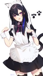Rule 34 | 1girl, alternate costume, animal ears, apron, black hair, blue hair, cat ears, cat tail, earrings, enmaided, highres, ichinose uruha, jewelry, long hair, maid, maid apron, maid headdress, multicolored hair, paw pose, paw print, pink eyes, ribbon, simple background, solo, streaked hair, tail, thighhighs, virtual youtuber, vspo!, white background, wrist cuffs, you06, zettai ryouiki