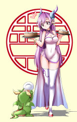 Rule 34 | 1girl, :o, bamboo steamer, baozi, box, bracelet, breasts, carrying, chinese clothes, cleavage, cleavage cutout, clothing cutout, covered navel, earrings, food, full body, hair ornament, headgear, highres, hip focus, holding, holding plate, horns, jewelry, long hair, looking down, minato yoshihiro, mini dragon, original, parted lips, plate, pointy ears, purple hair, red eyes, red footwear, see-through, shoes, simple background, skin tight, thigh gap, thighhighs, very long hair, walking, white thighhighs, wings, yellow background, yin yang, yin yang earrings, zettai ryouiki