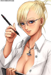 Rule 34 | 1girl, blonde hair, blue eyes, breasts, cleavage, doctor, glasses, jewelry, open clothes, open shirt, pen, pendant, ryu (ryu&#039;s form site), shirt, smile, solo