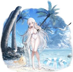 Rule 34 | 1girl, azur lane, bare shoulders, barefoot, beach, bird, black nails, bow, braid, chair, chick, cloud, criss-cross halter, day, full body, hair bow, halterneck, haori io, hermione (azur lane), hermione (pure white holiday) (azur lane), highres, holding, innertube, long hair, long legs, long sleeves, looking at viewer, lounge chair, manjuu (azur lane), nail polish, navel, ocean, off shoulder, official alternate costume, official art, one-piece swimsuit, open clothes, outdoors, palm tree, solo, standing, swim ring, swimsuit, thighs, transparent background, tree, very long hair, water, white hair, white one-piece swimsuit, yellow eyes