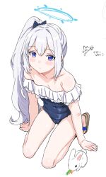 Rule 34 | 1girl, animal, bare legs, bare shoulders, black one-piece swimsuit, blue archive, blue halo, blush, breasts, clearite, closed mouth, collarbone, frilled one-piece swimsuit, frills, full body, grey hair, hair between eyes, halo, long hair, looking at viewer, miyako (blue archive), miyako (swimsuit) (blue archive), off-shoulder one-piece swimsuit, off shoulder, official alternate costume, one-piece swimsuit, ponytail, purple eyes, rabbit, sandals, simple background, small breasts, solo, swimsuit, white background
