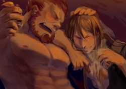 Rule 34 | 2boys, absurdres, between fingers, black hair, blush, cigar, cup, drunk, fate/grand order, fate (series), highres, holding, holding cup, iskandar (fate), laughing, long hair, lord el-melloi ii, lord el-melloi ii case files, male focus, multiple boys, muscular, red hair, topless male, smoke, time paradox, waver velvet, white2013