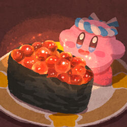Rule 34 | blue eyes, blush stickers, fish (food), food, food focus, hachimaki, headband, highres, ikura (food), kirby, kirby (series), miclot, nintendo, no humans, open mouth, pink footwear, plate, shoes, sparkle, sushi