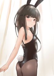 Rule 34 | 1girl, absurdres, animal ears, ass, bare shoulders, black hair, black leotard, black pantyhose, blush, breasts, brown eyes, fake animal ears, fake tail, from behind, hatsuyuki (kancolle), highres, kantai collection, leotard, long hair, looking at viewer, pantyhose, playboy bunny, rabbit ears, rabbit tail, sakieko, small breasts, solo, strapless, strapless leotard, tail, thighs