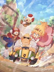 Rule 34 | 1girl, absurdres, blonde hair, blue eyes, crown, dress, earrings, facial hair, gloves, go-kart, gorilla, hair flowing over, hanaon, hat, highres, jewelry, long hair, looking at viewer, mario, mario (series), mustache, nintendo, open mouth, overalls, pink dress, princess peach, the super mario bros. movie, toad (mario), white gloves