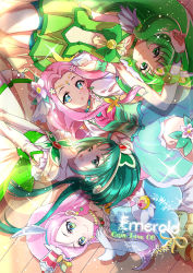 Rule 34 | 10s, 4girls, akimoto komachi, aqua eyes, aqua skirt, arm warmers, bike shorts, blue hairband, bow, butterfly hair ornament, choker, closed mouth, color connection, cure felice, cure march, cure mint, cure parfait, elbow gloves, flower, flower in eye, food-themed hair ornament, gloves, green bow, green eyes, green hair, green neckwear, green shorts, green skirt, hair flower, hair ornament, hairband, hanami kotoha, hoshi (xingspresent), kirahoshi ciel, kirakira precure a la mode, long hair, looking at viewer, lying, magical girl, mahou girls precure!, midorikawa nao, multiple girls, on back, pink hair, ponytail, precure, precure all stars, shorts, shorts under skirt, skirt, smile, smile precure!, symbol in eye, v arms, white gloves, wrist cuffs, yes! precure 5
