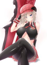Rule 34 | 10s, 1girl, alisa ilinichina amiella, bare shoulders, black gloves, black pantyhose, blonde hair, blue eyes, bracelet, breasts, checkered clothes, checkered headwear, checkered skirt, commentary request, crop top, crossed legs, eyes visible through hair, fingerless gloves, gloves, god eater, hat, highres, huge weapon, jewelry, large breasts, long hair, looking at viewer, pantyhose, plaid, plaid skirt, salute, shadow, shiroshimu, simple background, sitting, skirt, solo, suspender skirt, suspenders, underboob, weapon, white background