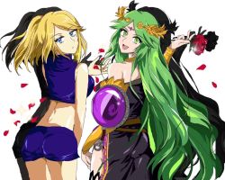 Rule 34 | 2girls, ass, bare shoulders, blonde hair, blue eyes, breasts, green eyes, green hair, highres, jewelry, kid icarus, kid icarus uprising, long hair, metroid, mole, mole under mouth, multiple girls, necklace, open mouth, palutena, ponytail, samus aran, shorts, skin tight, smile, super smash bros., thighhighs, tiara, very long hair