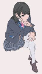 Rule 34 | 1girl, black footwear, black hair, blue eyes, blue jacket, blue skirt, bow, bowtie, braid, brown sweater, closed mouth, french braid, frilled skirt, frills, full body, grey background, hair ornament, hairclip, half updo, head rest, highres, invisible chair, jacket, kamatama rom, loafers, long hair, long sleeves, nijisanji, pink bow, pink bowtie, plaid, plaid skirt, pleated skirt, shirt, shoes, simple background, sitting, skirt, solo, sweater, thighhighs, tsukino mito, tsukino mito (1st costume), virtual youtuber, white shirt, white thighhighs