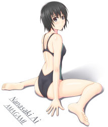 Rule 34 | 1girl, amagami, bad id, bad pixiv id, barefoot, black eyes, black hair, character name, competition swimsuit, copyright name, feet, from behind, looking back, nanasaki ai, nono1217, one-piece swimsuit, sano souichi, short hair, simple background, sitting, smile, soles, solo, swimsuit, toes, wariza, white background