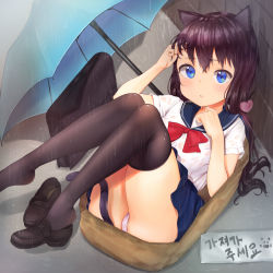 Rule 34 | 1girl, agnam ore, animal ears, ass, bad id, bad pixiv id, bag, black hair, black thighhighs, blue eyes, box, cat ears, cat tail, feet, highres, in box, in container, korean text, loafers, long hair, original, panties, pink panties, rain, school bag, school uniform, serafuku, shoes, single shoe, skirt, solo, tail, thighhighs, translation request, umbrella, underwear, wet, wet clothes