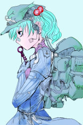 Rule 34 | 1girl, absurdres, android, aqua background, backpack, bag, blue background, blue dress, blue eyes, blue hair, cable, cowboy shot, cyberpunk, dress, earphones, eyebrows, from side, hair bobbles, hair ornament, hand up, hat, headset, highres, jewelry, kawashiro nitori, key, key necklace, long sleeves, matching hair/eyes, necklace, profile, q.a. kinshachi, screw, short hair, simple background, skirt, skirt set, solo, spine, stitches, torn, torn clothes, torn hat, touhou, two side up, upper body, wire