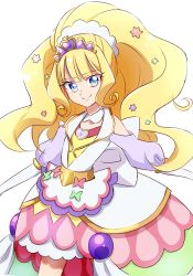 Rule 34 | 1girl, blonde hair, blue eyes, brooch, commentary request, corset, cure finale, delicious party precure, dress, eyelashes, fpminnie1, hair ornament, happy, heart, heart brooch, highres, jewelry, kasai amane, looking at viewer, magical girl, multicolored clothes, precure, simple background, sketch, smile, solo, standing, tiara, white background