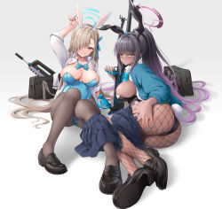 Rule 34 | 2girls, animal ears, anti-materiel rifle, aqua bow, aqua bowtie, ass, assault rifle, asuna (blue archive), asuna (bunny) (blue archive), awa yume, bag, black bag, black hair, black hairband, black leotard, black pantyhose, blue archive, blue eyes, blue leotard, blue nails, blue ribbon, blue skirt, blush, bolt action, bow, bowtie, boys anti-tank rifle, breasts, bullpup, cleavage, collarbone, collared shirt, commentary request, dark-skinned female, dark skin, fake animal ears, famas, fishnet pantyhose, fishnets, full body, gradient hair, gun, hair ornament, hair over one eye, hair ribbon, hair spread out, hairband, halo, hand up, highres, holding, holding weapon, karin (blue archive), karin (bunny) (blue archive), large breasts, leotard, long hair, long sleeves, looking at viewer, lying, multicolored hair, multiple girls, nail polish, official alternate costume, on side, one eye covered, open clothes, open shirt, pantyhose, parted lips, playboy bunny, ponytail, purple hair, rabbit ears, ribbon, rifle, school uniform, shirt, shoulder bag, sideboob, sitting, skirt, smile, sniper rifle, teeth, thighs, two-tone hair, very long hair, weapon, white background, white hairband, white shirt, yellow eyes