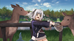 Rule 34 | &gt; &lt;, 2girls, advarcher, animal, artist name, bag, bite mark, blue sky, blurry, blurry background, ceres fauna, commentary, cowboy shot, day, deer, eating hair, fence, fins, fish tail, gawr gura, highres, hololive, hololive english, long sleeves, multiple girls, open mouth, outdoors, plastic bag, shark tail, sharp teeth, sky, stitches, tail, teeth, two side up, virtual youtuber, white hair
