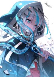 Rule 34 | 1girl, artist name, blue eyes, blue hair, blue hoodie, blue nails, bubble, covered mouth, floating hair, from side, gawr gura, highres, holding, holding weapon, hololive, hololive english, hood, hood up, hoodie, hoshizaki reita, medium hair, multicolored hair, nail polish, polearm, solo, streaked hair, trident, virtual youtuber, water, weapon, white background, white hair