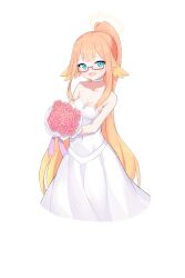 Rule 34 | 1girl, absurdres, alternate costume, alternate hairstyle, armpit crease, bare arms, blue archive, blue eyes, blush, bouquet, breasts, bride, choker, collarbone, commentary, covered navel, drawfag, dress, english commentary, feather hair, flower, glasses, gradient hair, halo, highres, holding, holding bouquet, long hair, multicolored hair, open mouth, orange hair, ponytail, semi-rimless eyewear, shimiko (blue archive), sidelocks, sleeveless, sleeveless dress, small breasts, solo, standing, transparent background, upper body, very long hair, wedding dress, white choker