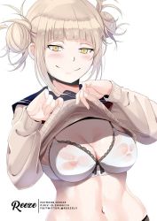 Rule 34 | 10s, 1girl, artist name, blonde hair, blush, boku no hero academia, bra, breasts, closed mouth, clothes lift, covered erect nipples, double bun, lace, lace-trimmed bra, lace trim, lifted by self, long sleeves, looking at viewer, medium breasts, navel, patreon username, pixiv id, reeze (artist), reeze (reezely), school uniform, see-through, serafuku, smile, solo, sweater, sweater lift, toga himiko, twitter username, underwear, watermark, white background, white bra, yellow eyes