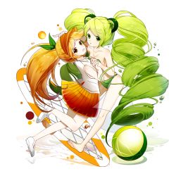 Rule 34 | 2girls, bad id, bad pixiv id, ball, barefoot, beachball, bikini, breasts, cheerleader, cleavage, cookie run, drill hair, green bikini, green eyes, green hair, highres, holding hands, lepoule (kmjh90), lime cookie, long hair, looking at viewer, multiple girls, orange cookie, orange eyes, orange hair, orange skirt, simple background, skirt, sleeveless, small breasts, smile, swimsuit, twin drills, very long hair