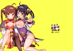 Rule 34 | 2girls, :o, ahoge, anchor symbol, anklet, azur lane, bad id, bad pixiv id, barefoot, between breasts, blunt bangs, blush, breasts, breasts out, brown hair, brown legwear, china dress, chinese clothes, cleavage cutout, clothing cutout, coat, covered navel, dragon print, dress, feet out of frame, fur-trimmed coat, fur trim, groin, hair rings, hairband, highres, jewelry, knees up, long hair, long sleeves, looking at viewer, medium breasts, mojarin (kihara mojarin), multicolored eyes, multiple girls, ning hai (azur lane), nipples, nose blush, own hands together, panda, parted lips, pelvic curtain, ping hai (azur lane), pink eyes, pointing, pointing at viewer, print dress, purple dress, purple hair, red dress, red eyes, short sleeves, simple background, single thighhigh, sitting, small breasts, tareme, tassel, thighhighs, twintails, v-shaped eyebrows, wavy mouth, white coat, white hairband, yellow background, yellow eyes, yokozuwari