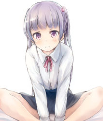 Rule 34 | 1girl, bare legs, blue skirt, butterfly sitting, commentary request, feet out of frame, flat chest, grin, hair ornament, leaning, light purple hair, long sleeves, looking at viewer, neck ribbon, new game!, panties, pink ribbon, purple eyes, ribbon, shimada sarasara, shirt, simple background, sitting, skirt, smile, solo, suzukaze aoba, two side up, underwear, white background, white panties, white shirt, wing collar