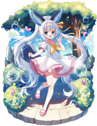 Rule 34 | 1girl, ahoge, animal, animal ear fluff, animal ears, blue eyes, blush, bubble, bug, butterfly, dress, fang, full body, grey hair, hair ornament, hair ribbon, hat, insect, long hair, looking at viewer, mauve, neckerchief, open mouth, original, petals, pink footwear, pink sailor collar, ribbon, sailor collar, sailor dress, shoes, short sleeves, smile, socks, solo, standing, standing on one leg, tail, tree, twintails, v, white dress, white hat, white socks, x hair ornament, yellow neckerchief, yellow ribbon