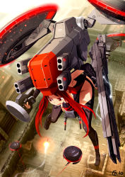 Rule 34 | 1girl, bail, cannon, chrysalis, chrysalis (mgs:peace walker), elbow gloves, fingerless gloves, flying, from above, full body, gloves, gun, highres, long hair, magnetic weapon, mecha, mecha musume, metal gear (series), metal gear solid: peace walker, military, open mouth, personification, railgun, red eyes, red hair, robot, solo, thighhighs, weapon