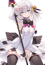 Rule 34 | 1girl, armpits, bare shoulders, black ribbon, black thighhighs, blue eyes, blurry, breasts, close-up, closed mouth, clothing cutout, commentary request, detached sleeves, dress, expressionless, hair between eyes, hair ribbon, hand on own head, head tilt, highres, holding, holding weapon, kneeling, lance, long sleeves, looking at viewer, medium hair, nanananana, neck ribbon, orange ribbon, original, polearm, reflection, ribbon, shoes, short dress, shoulder cutout, small breasts, solo, thighhighs, weapon, white dress, white footwear, white hair, zettai ryouiki