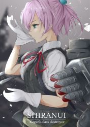 Rule 34 | 10s, 1girl, black skirt, black vest, blue eyes, buttons, character name, from side, gloves, highres, kantai collection, machinery, mouth hold, neck ribbon, pink hair, pleated skirt, ponytail, red ribbon, ribbon, shiranui (kancolle), shirt, short hair, short sleeves, skirt, solo, takumin (takumi415), vest, white gloves, white shirt